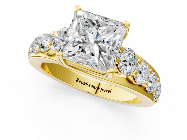 Yellow Gold Princess Cut Engagement Ring Setting with Graduated Shared Prong Accents and Prong Head