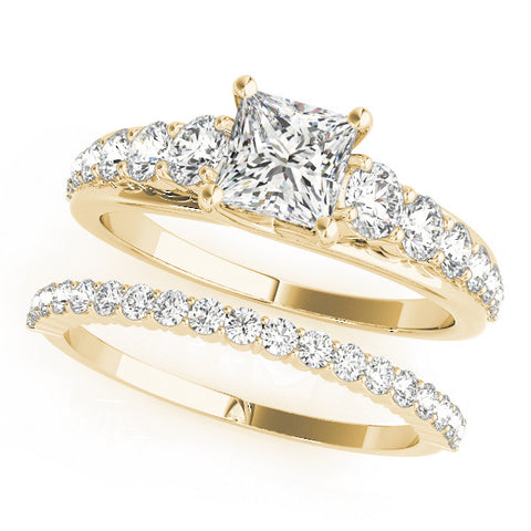 Yellow gold Princess Cut Diamond Engagement Ring with Pavé Band and Four-Prong Setting