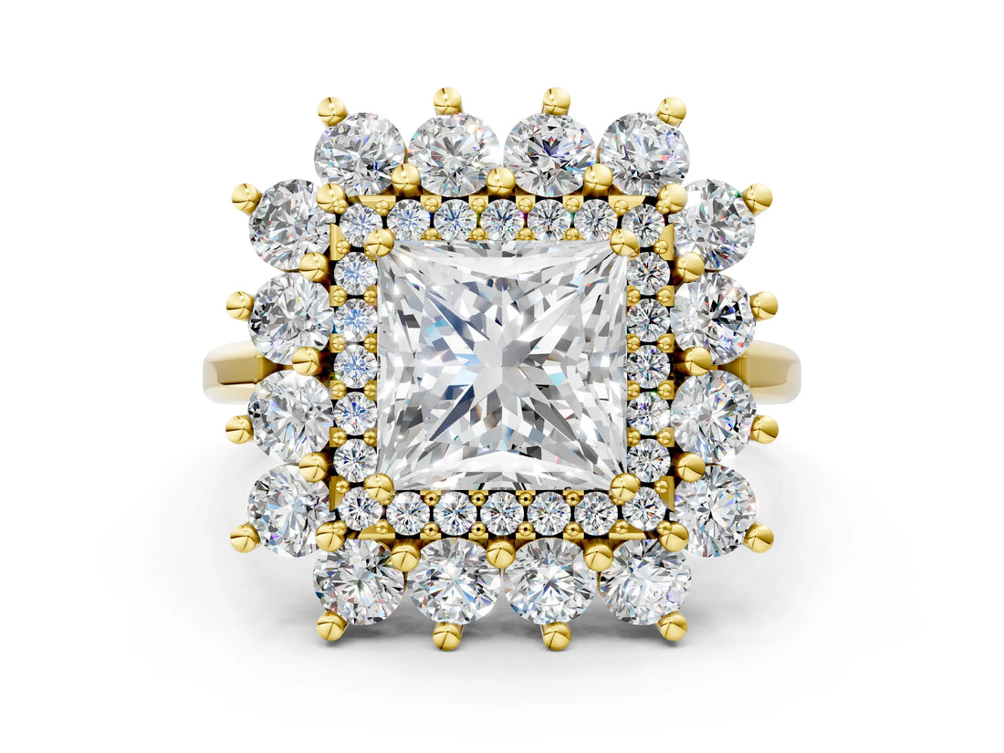 Yellow gold Princess Cut Diamond Floral Double Halo Engagement Ring with Prong Setting_42