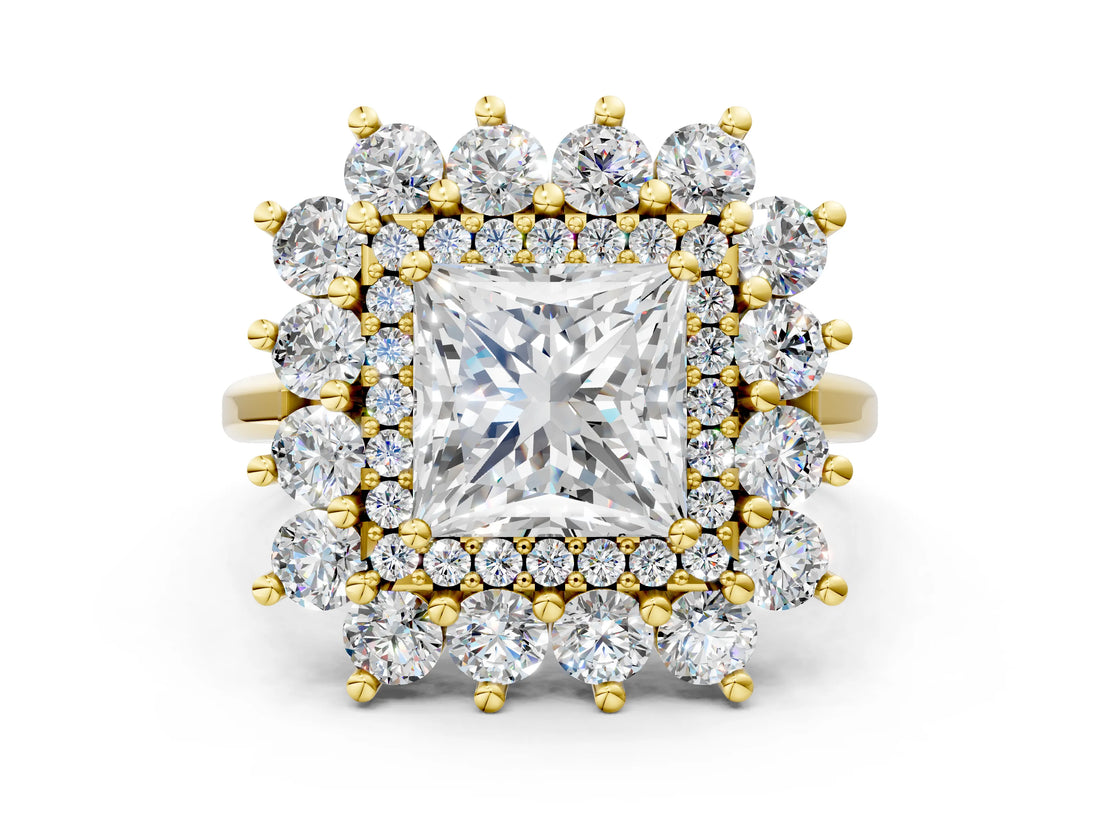 Yellow gold Princess Cut Diamond Floral Double Halo Engagement Ring with Prong Setting_78