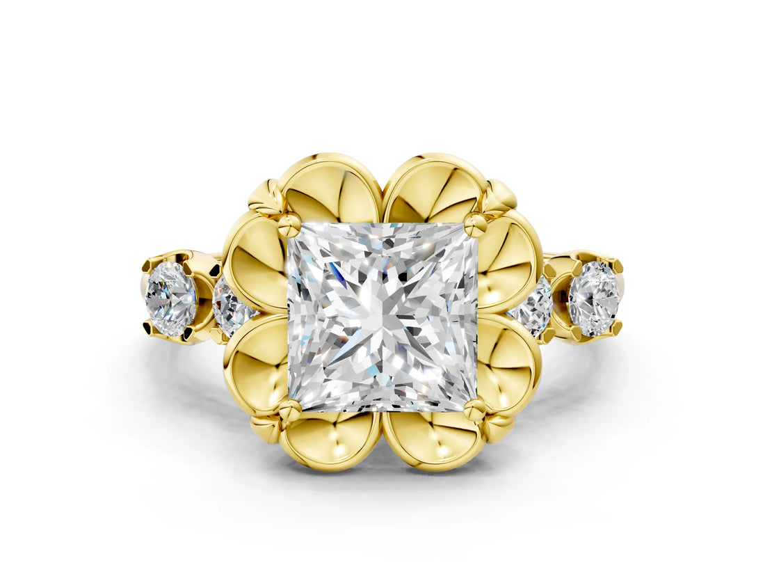 Yellow gold Princess Cut Diamond Floral Halo Engagement Ring with Shared Prong Setting 1