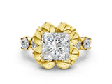 Yellow gold Princess Cut Diamond Floral Halo Engagement Ring with Shared Prong Setting 1