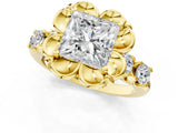 Yellow gold Princess Cut Diamond Floral Halo Engagement Ring with Shared Prong Setting 2