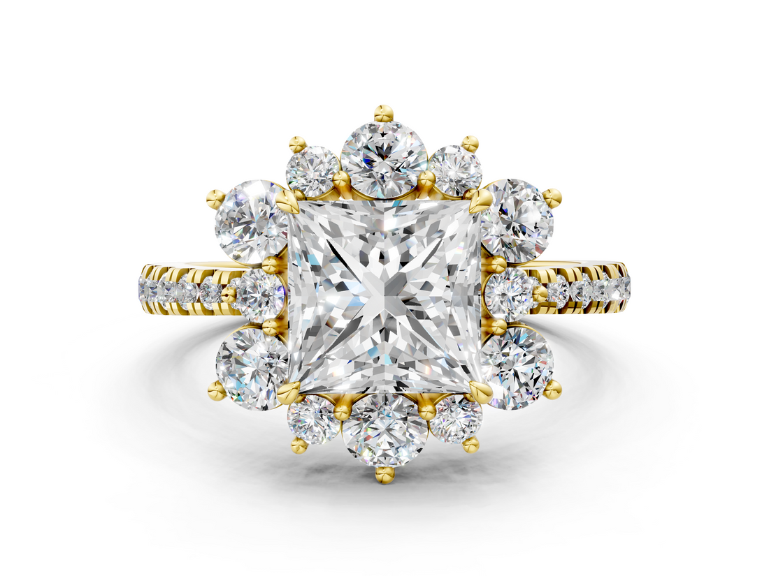 Yellow gold Princess Cut Diamond Floral Halo Pave Band with Prong Setting_36