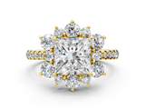Yellow gold Princess Cut Diamond Floral Halo Pave Band with Prong Setting_36