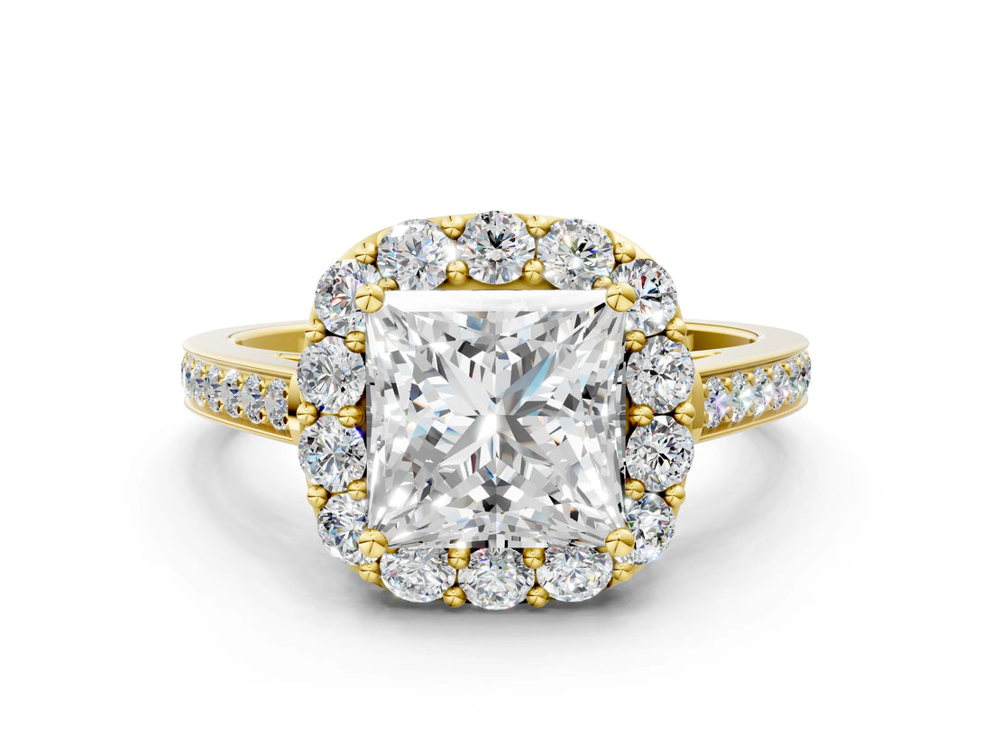 Yellow gold Princess Cut Diamond Floral Halo Ring with Pavé Band and Prong Setting_3