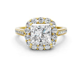 Yellow gold Princess Cut Diamond Floral Halo Ring with Pavé Band and Prong Setting_3