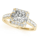 Yellow gold Princess Cut Diamond Halo Engagement Ring with Baguette Accents and Pavé Band