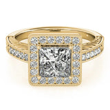Yellow gold Princess Cut Diamond Halo Engagement Ring with Milgrain Detail and Engraved Band 1