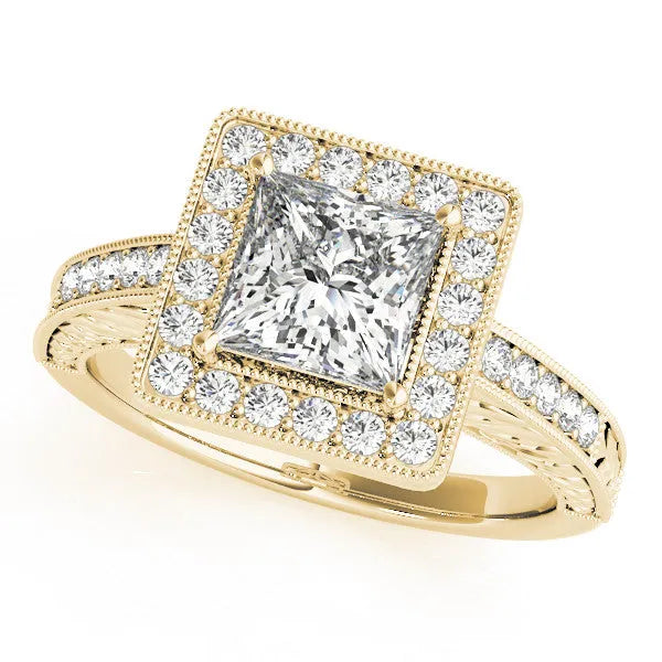 Yellow gold Princess Cut Diamond Halo Engagement Ring with Milgrain Detail and Engraved Band