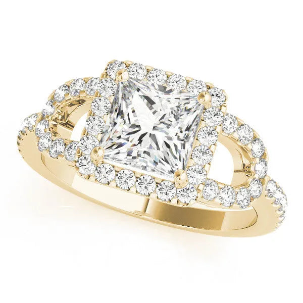 Yellow gold Princess Cut Diamond Halo Engagement Ring with Open Split Pavé Band