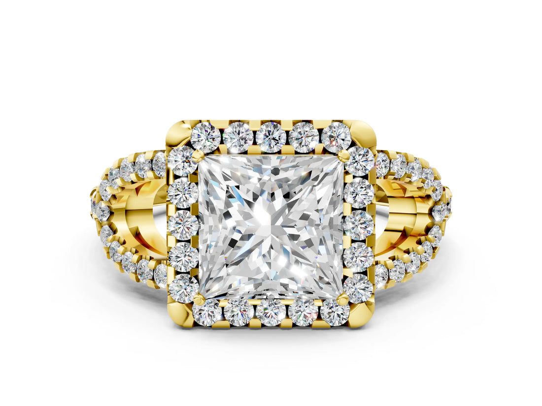Yellow gold Princess Cut Diamond Halo Engagement Ring with Open Split Pavé Band_18