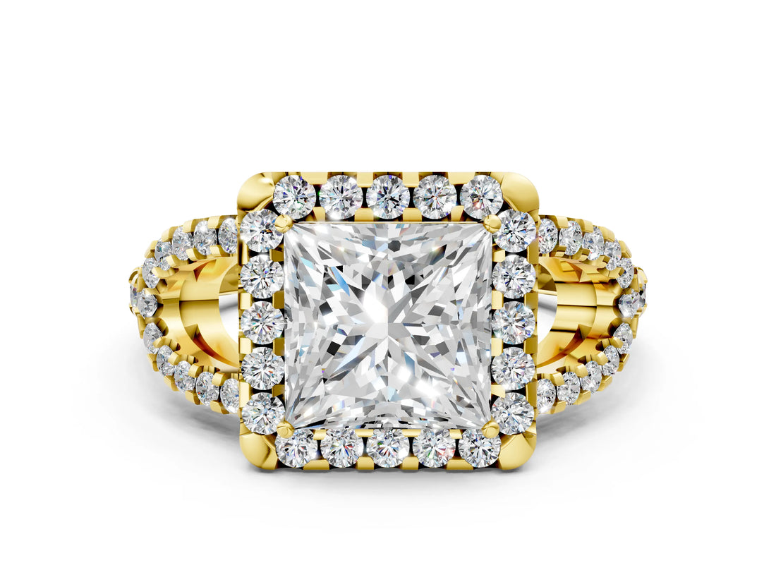 Yellow gold Princess Cut Diamond Halo Engagement Ring with Open Split Pavé Band_6