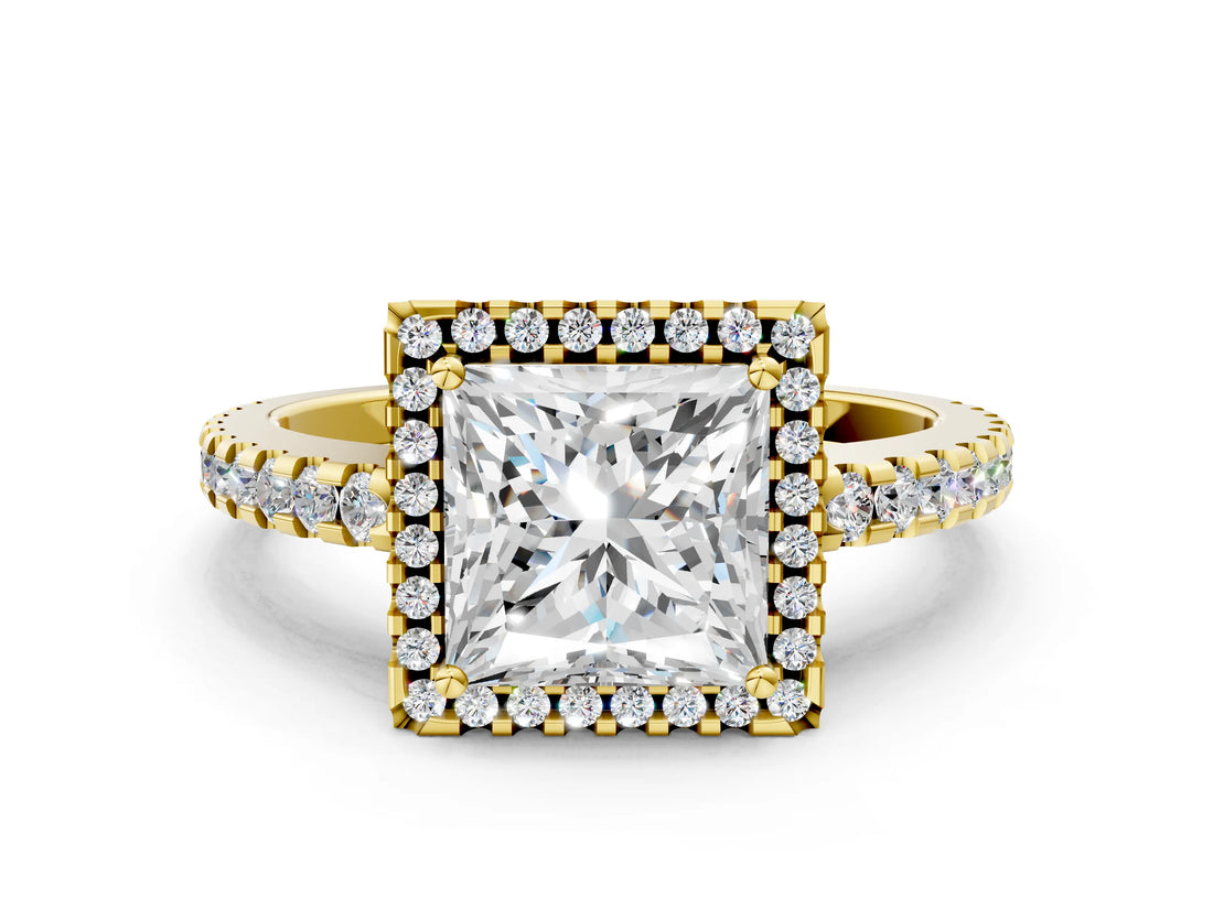 Yellow gold Princess Cut Diamond Halo Engagement Ring with Pavé Band and Prong Setting_27