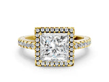 Yellow gold Princess Cut Diamond Halo Engagement Ring with Pavé Band and Prong Setting_27