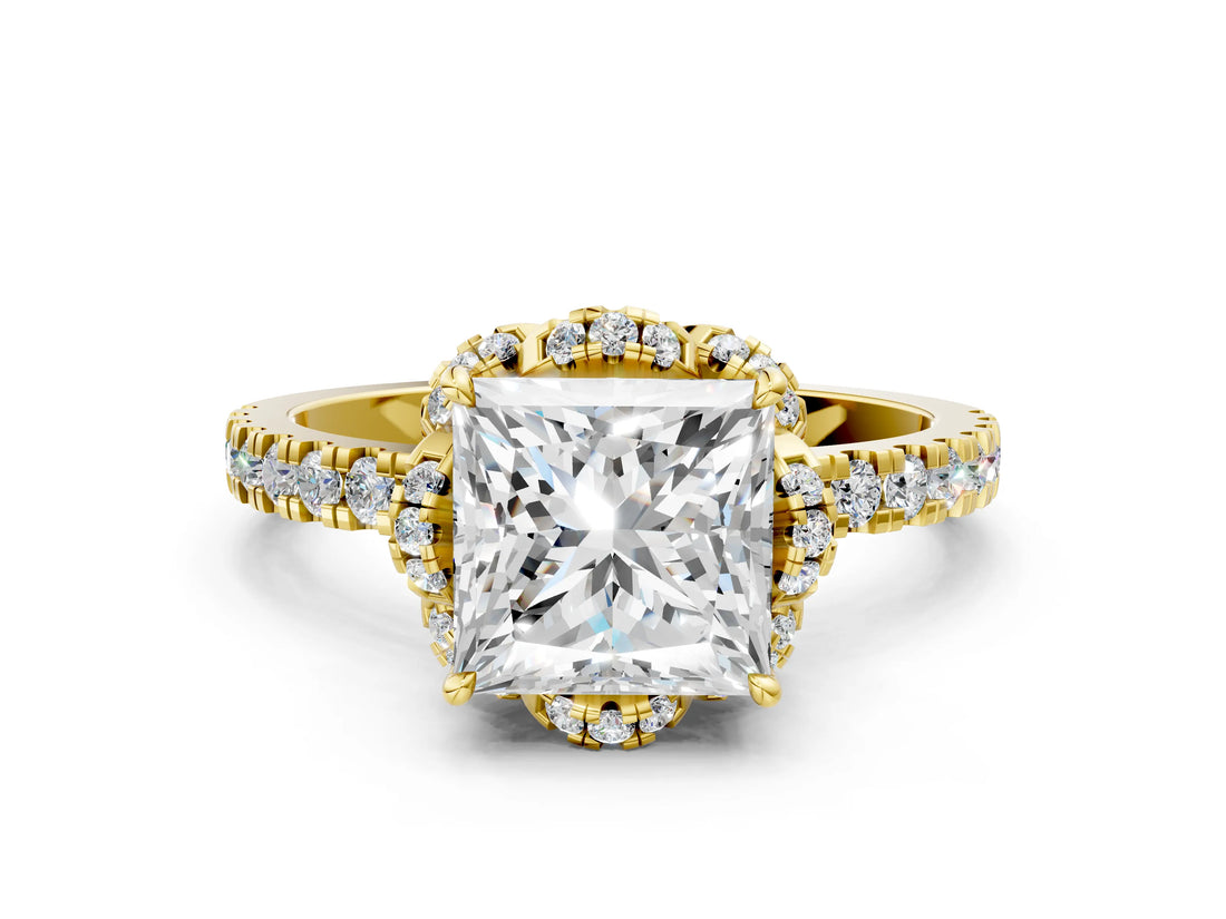 Yellow gold Princess Cut Diamond Halo Pave Band with Four-Prong Setting_4