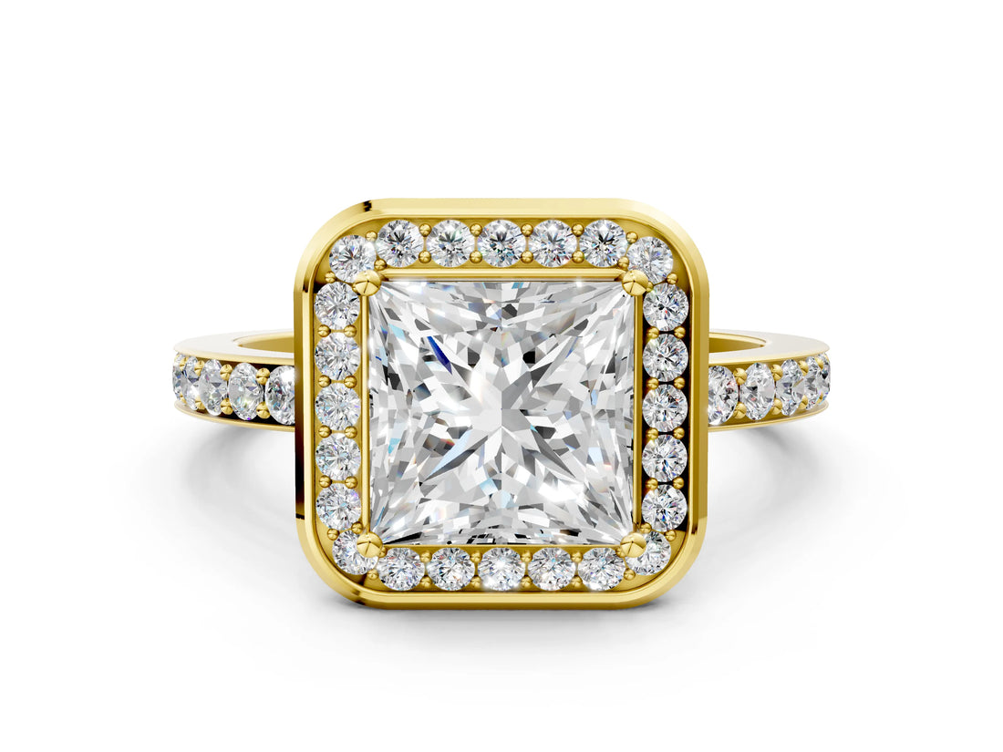 Yellow gold Princess Cut Diamond Halo Ring with Bezel Frame and Pavé Band_3