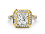 Yellow gold Princess Cut Diamond Halo Ring with Bezel Frame and Pavé Band_3