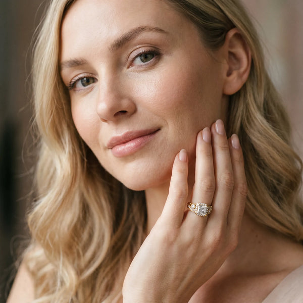 Yellow Gold Princess Cut Halo Engagement Ring Setting with Bezel Accents