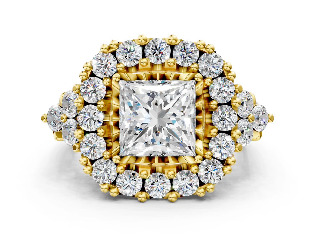 Yellow gold Princess Cut Diamond Halo Ring with Pavé Band and Four-Prong Setting_41
