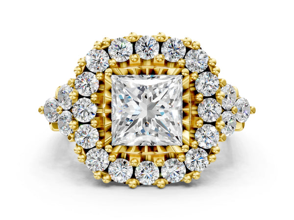 Yellow Gold Princess Cut Halo Crossover Pave Engagement Ring Setting