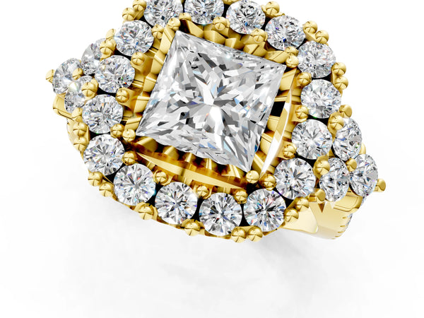 Yellow Gold Princess Cut Halo Crossover Pave Engagement Ring Setting
