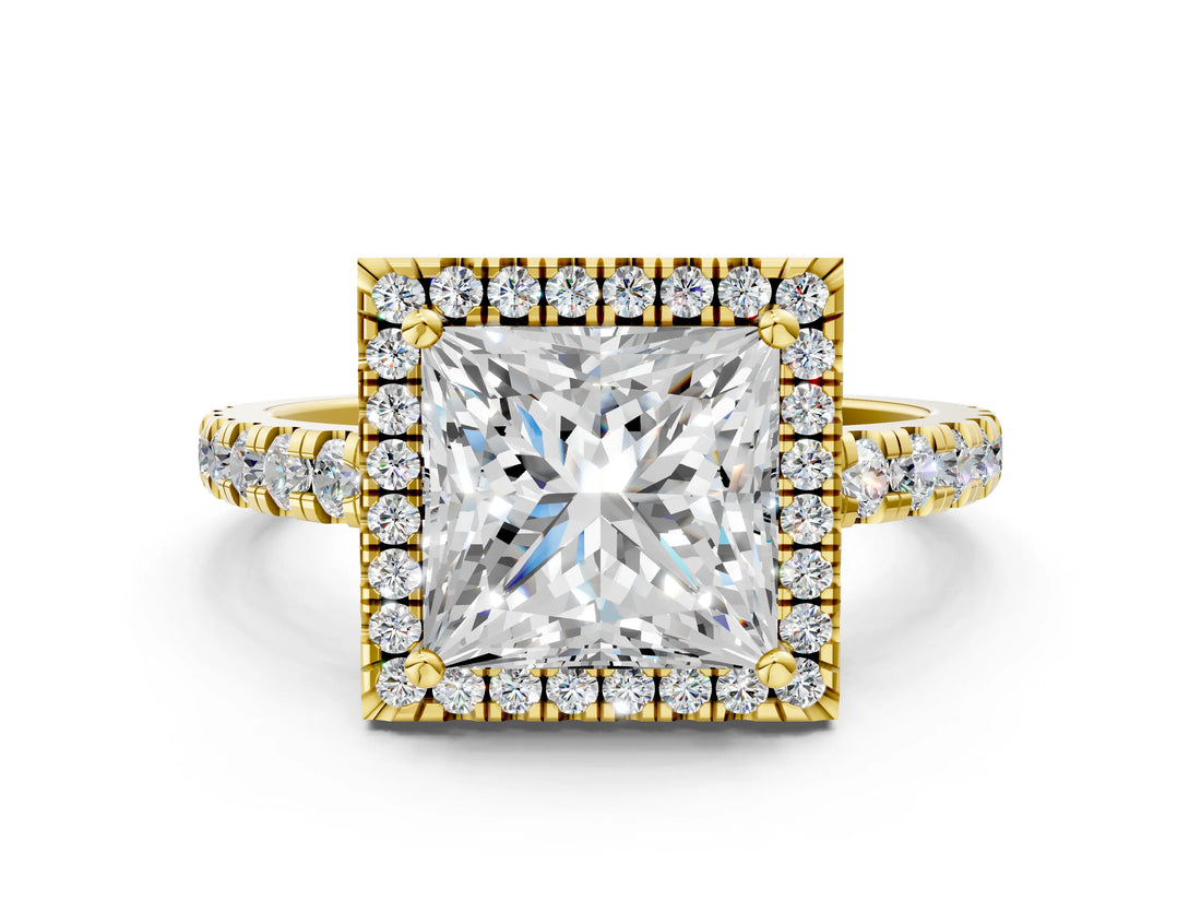 Yellow gold Princess Cut Diamond Halo Ring with Pavé Band and Four-Prong Setting_7