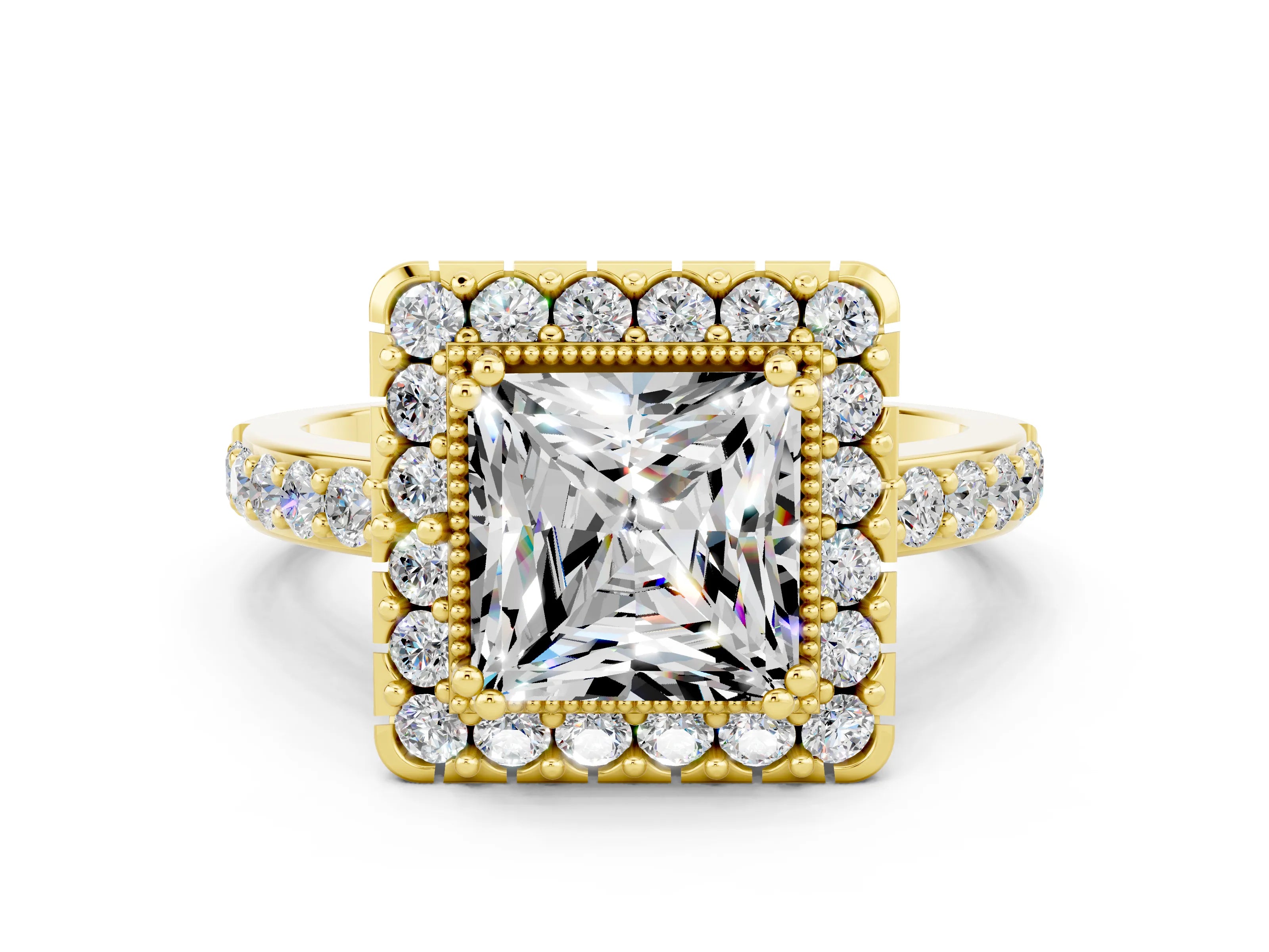 Yellow gold Princess Cut Diamond Halo Ring with Pavé Band and Prong Setting