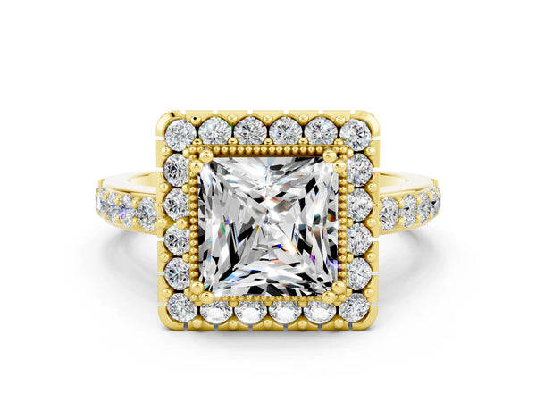 Yellow gold Princess Cut Moissanite Halo Ring with Pavé Band and Prong Setting