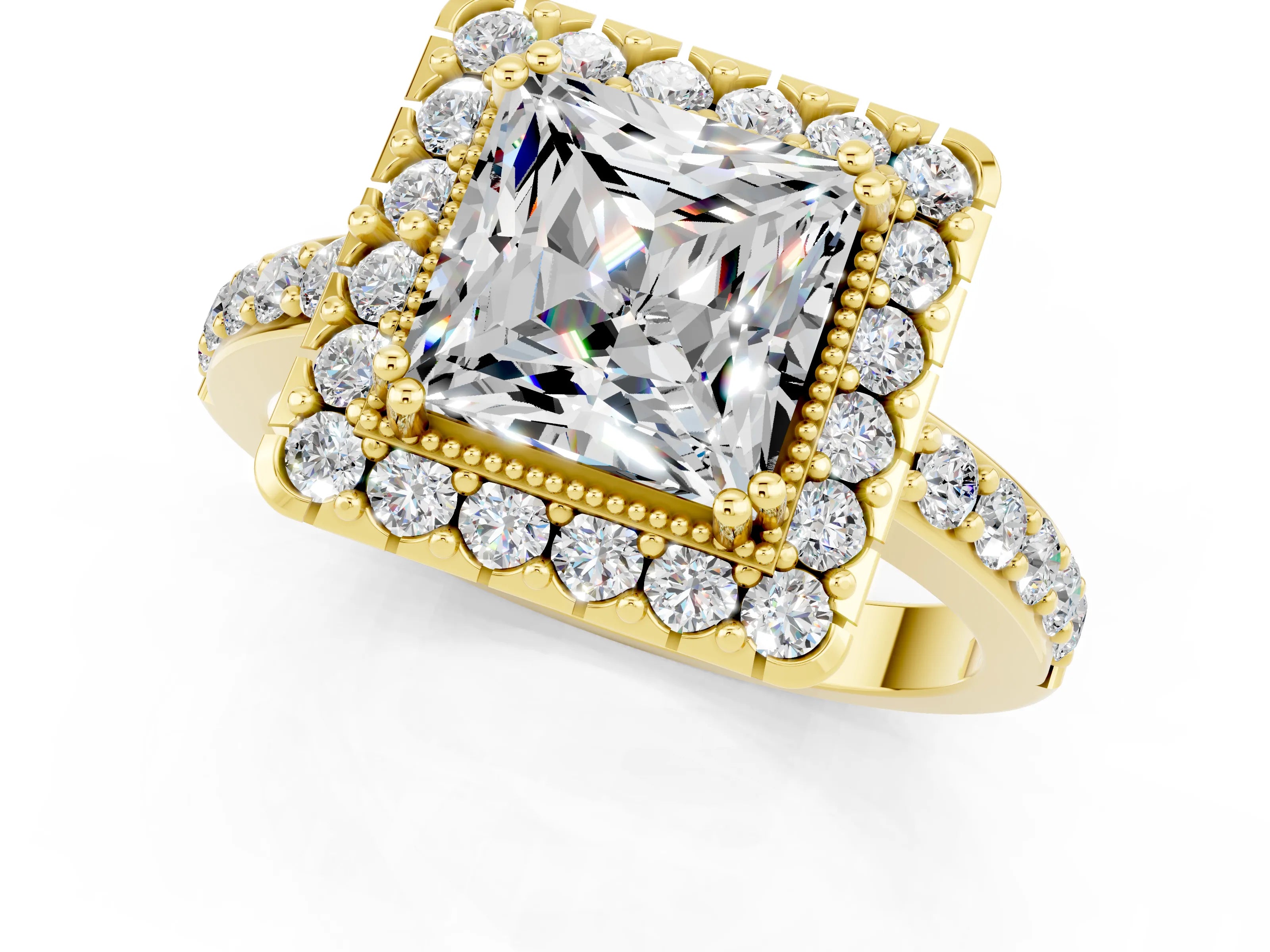 Yellow gold Princess Cut Diamond Halo Ring with Pavé Band and Prong Setting_1