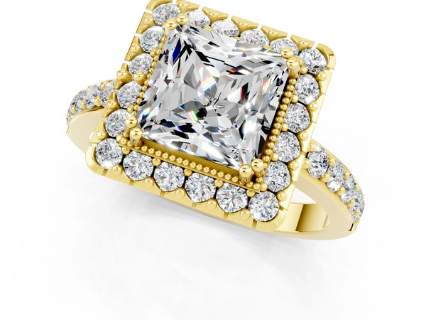 Yellow gold Princess Cut Moissanite Halo Ring with Pavé Band and Prong Setting