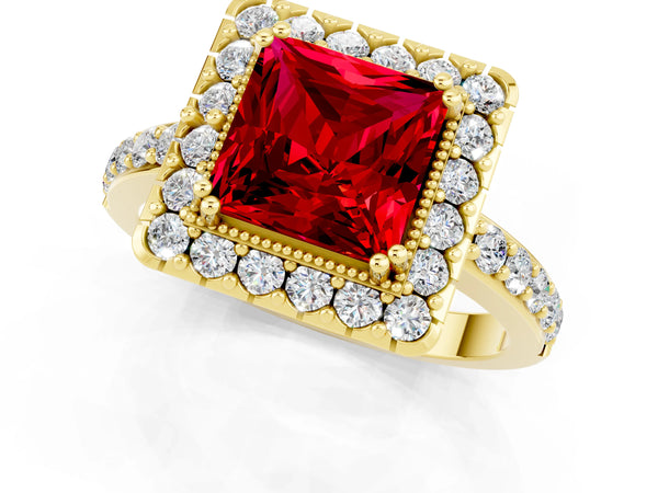 Yellow gold Princess Cut Ruby Halo Ring with Pavé Band and Prong Setting