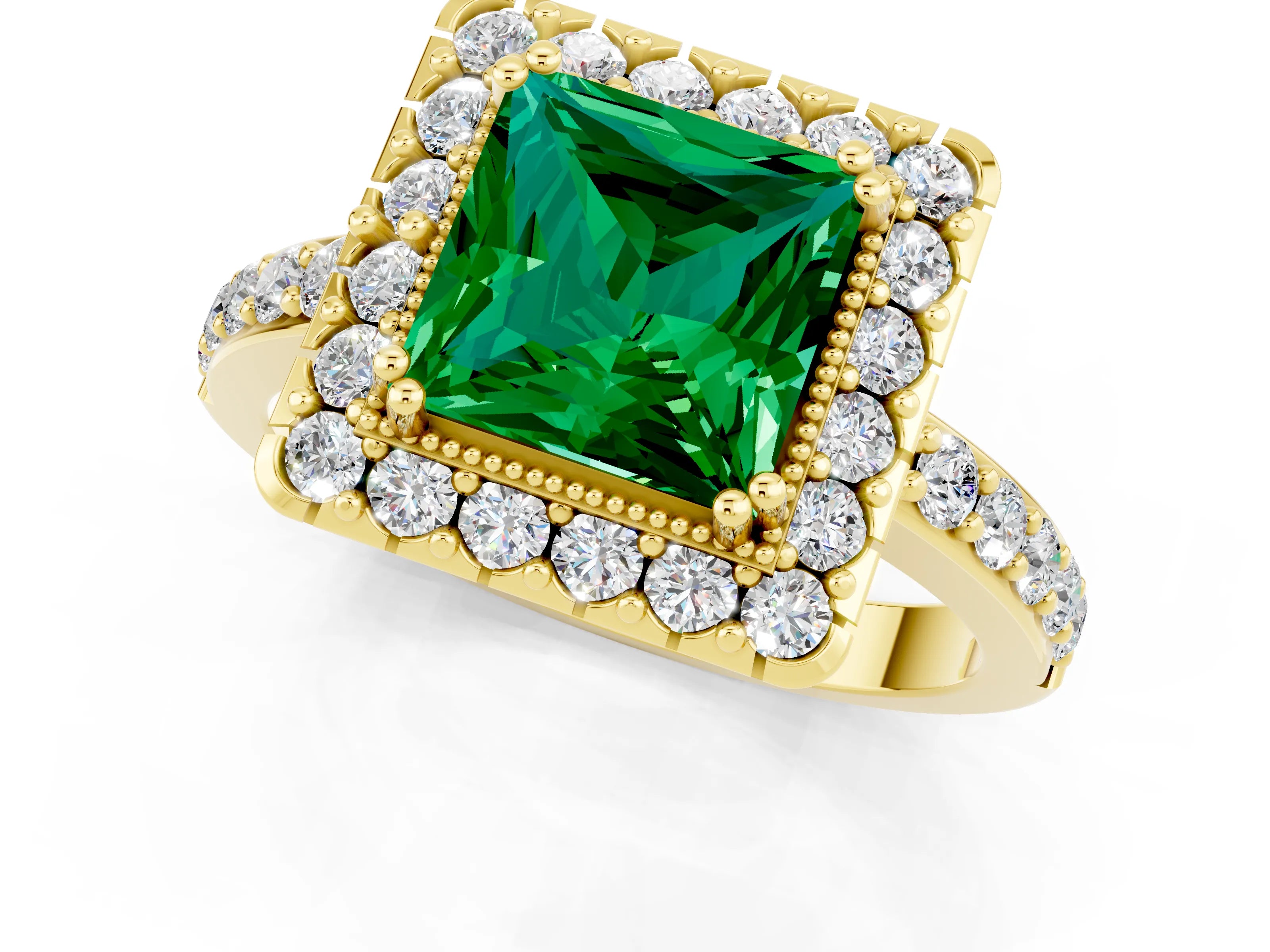 Yellow gold Princess Cut Diamond Halo Ring with Pavé Band and Prong Setting_1