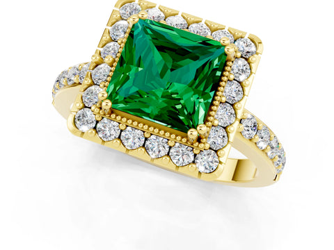 Yellow gold Princess Cut Diamond Halo Ring with Pavé Band and Prong Setting_1