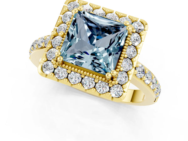 Yellow gold Princess Cut Aquamarine Halo Ring with Pavé Band and Prong Setting