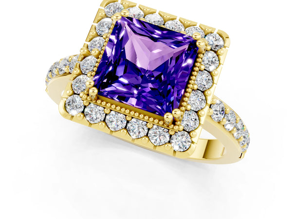 Yellow gold Princess Cut Tanzanite Halo Ring with Pavé Band and Prong Setting