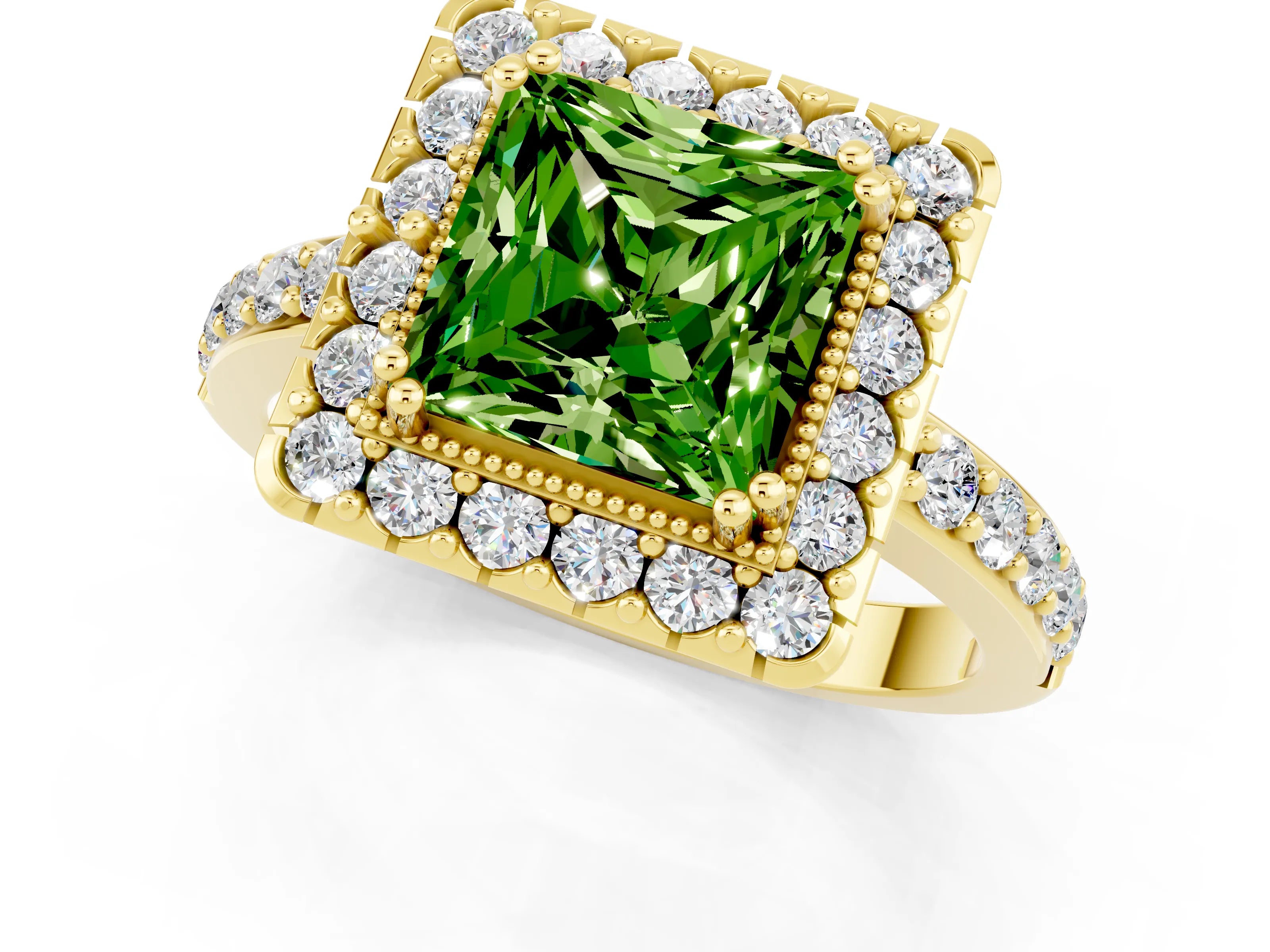 Yellow gold Princess Cut Diamond Halo Ring with Pavé Band and Prong Setting_1