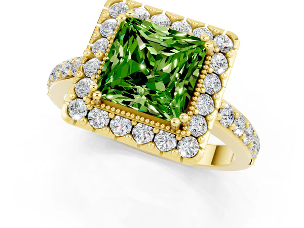 Yellow gold Princess Cut Peridot Halo Ring with Pavé Band and Prong Setting