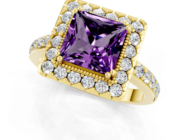 Yellow gold Princess Cut Amethyst Halo Ring with Pavé Band and Prong Setting