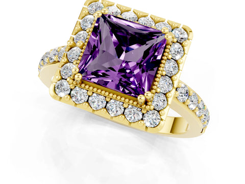 Yellow gold Princess Cut Diamond Halo Ring with Pavé Band and Prong Setting_1