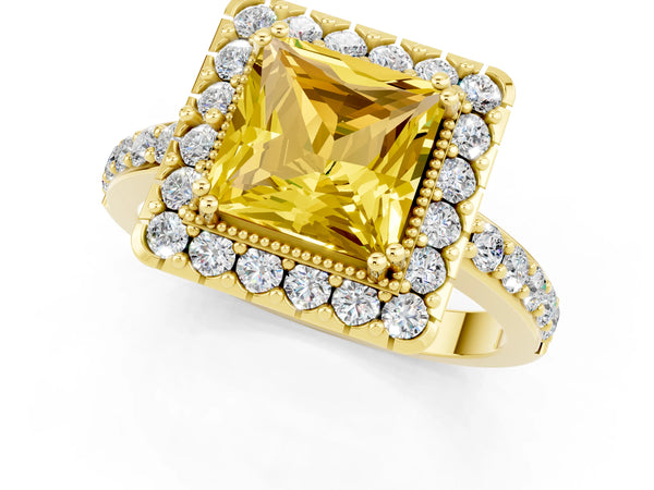Yellow gold Princess Cut Yellow Sapphire Halo Ring with Pavé Band and Prong Setting