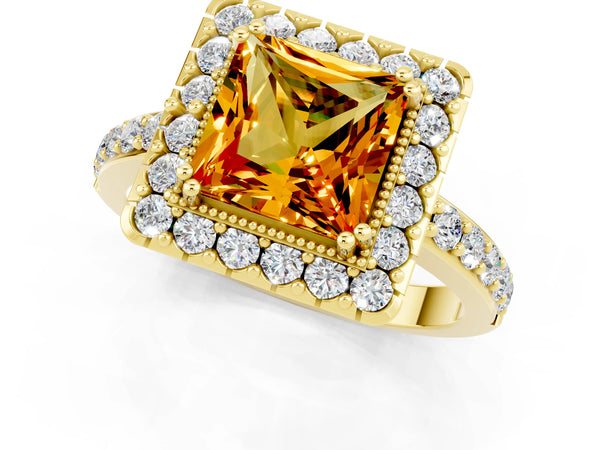 Yellow gold Princess Cut Citrine Halo Ring with Pavé Band and Prong Setting