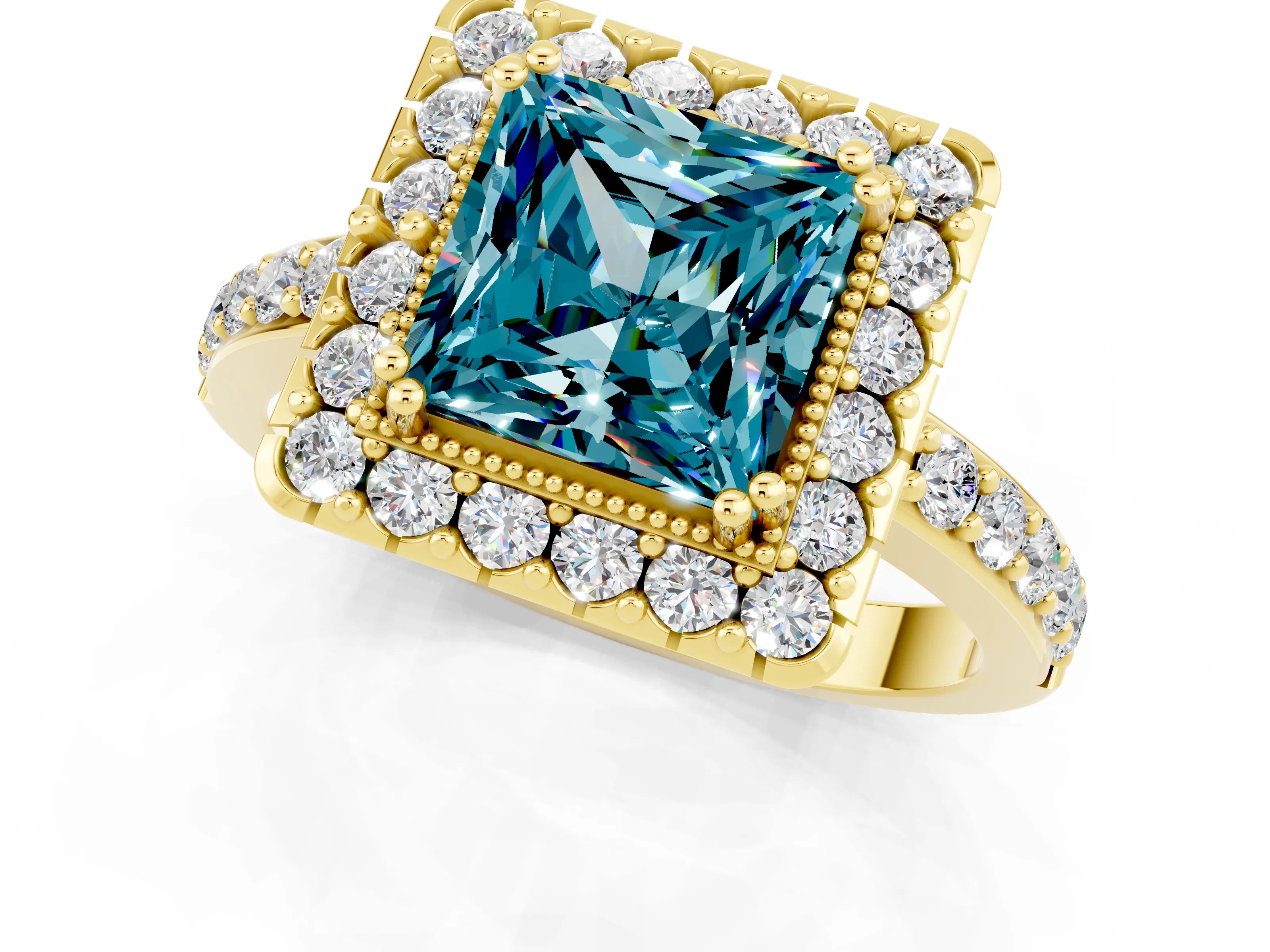 Yellow gold Princess Cut Diamond Halo Ring with Pavé Band and Prong Setting_1