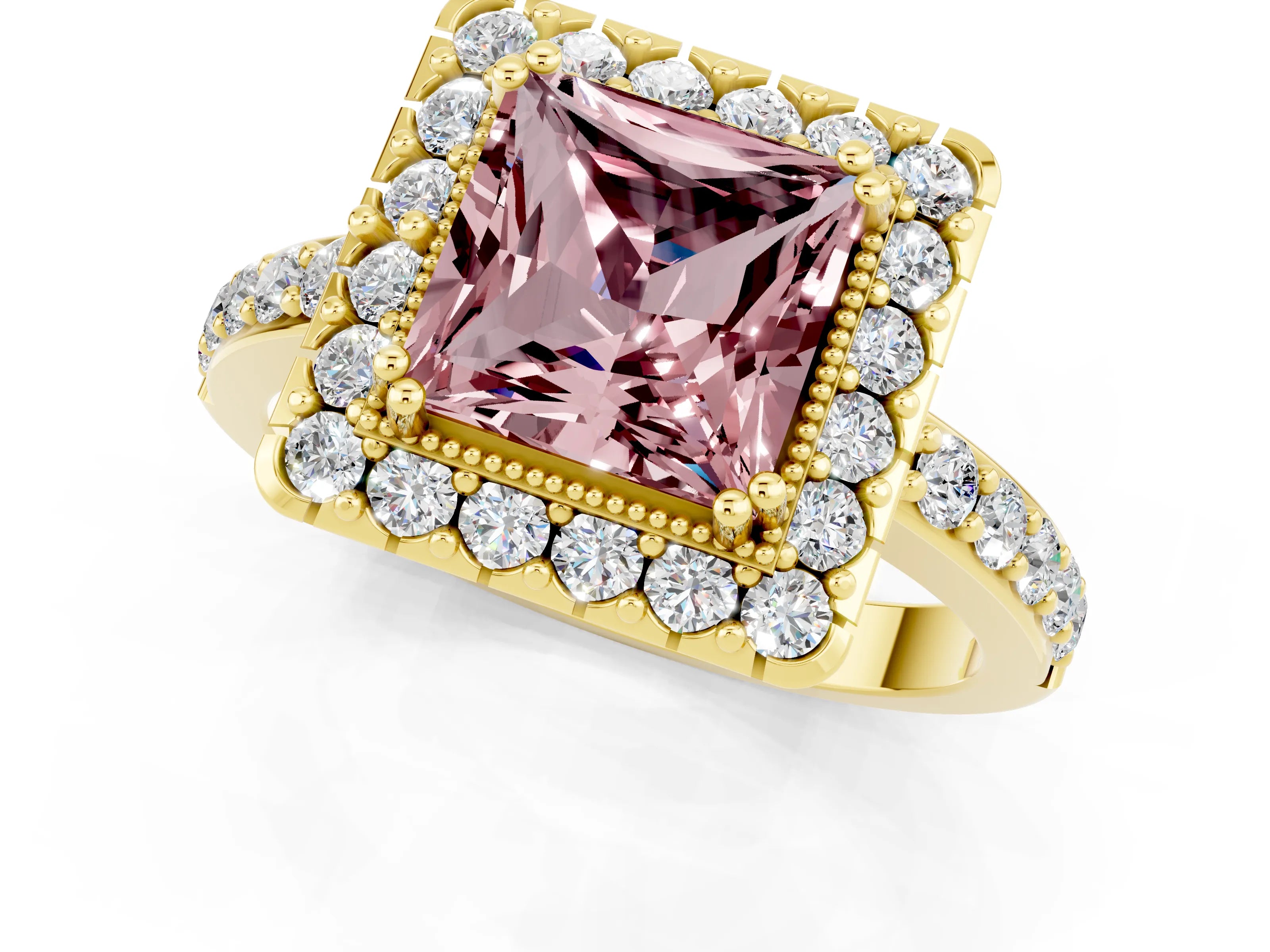 Yellow gold Princess Cut Diamond Halo Ring with Pavé Band and Prong Setting_1