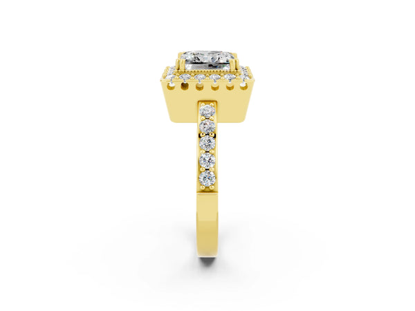 Yellow gold Princess Cut Moissanite Halo Ring with Pavé Band and Prong Setting