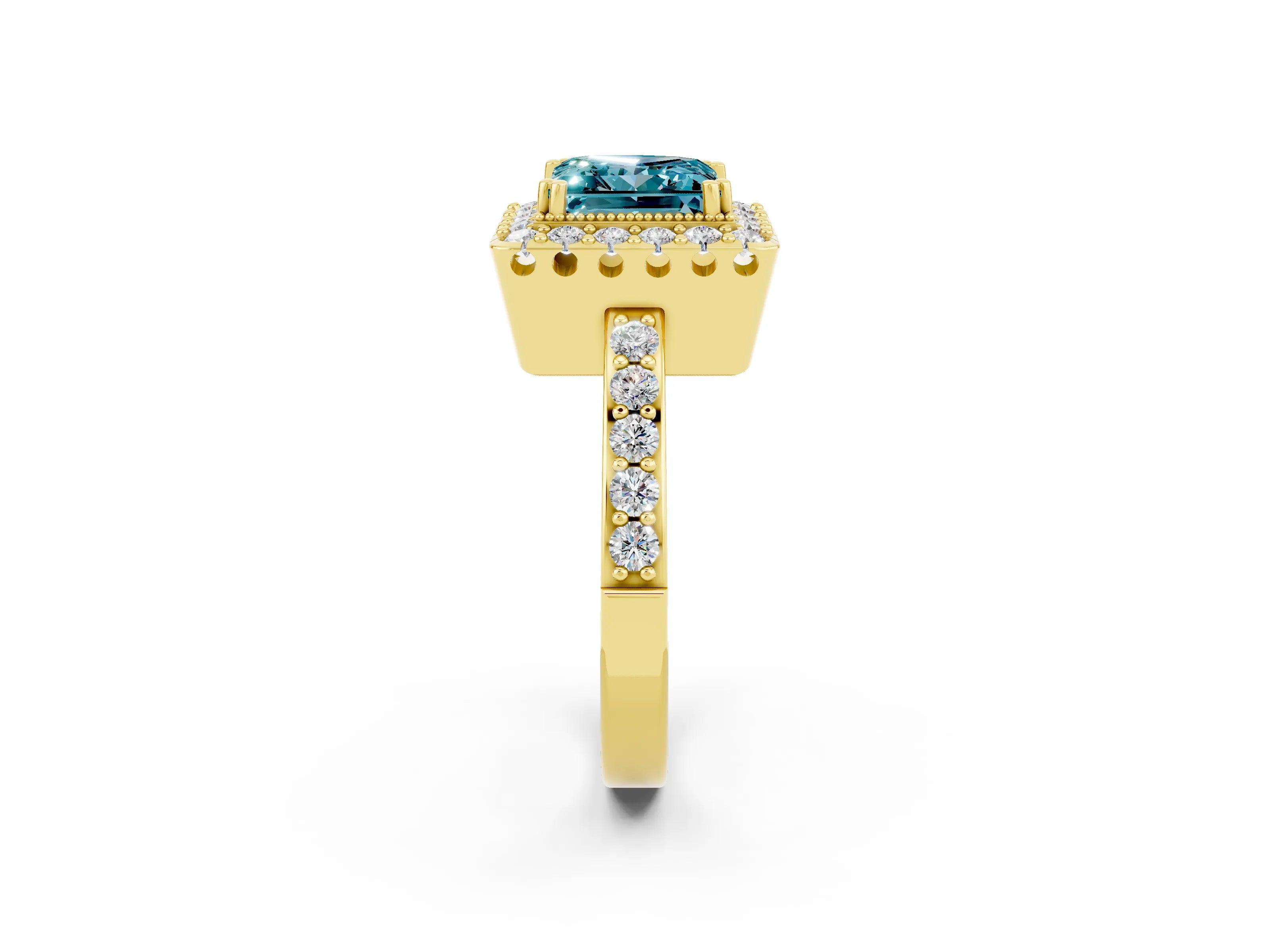Yellow gold Princess Cut Diamond Halo Ring with Pavé Band and Prong Setting_2