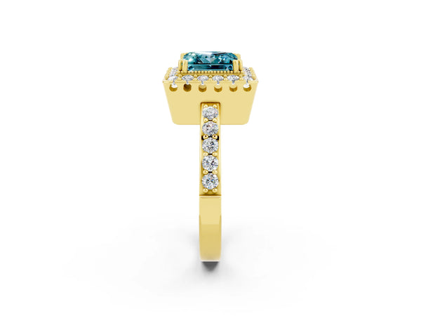 Yellow gold Princess Cut Blue Topaz Halo Ring with Pavé Band and Prong Setting