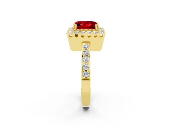 Yellow gold Princess Cut Ruby Halo Ring with Pavé Band and Prong Setting