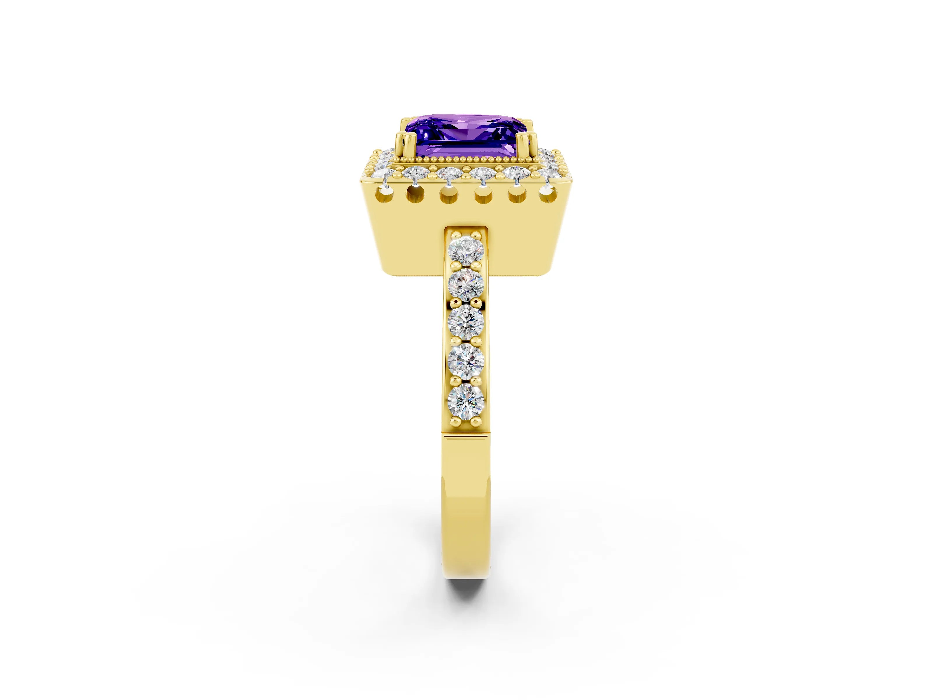 Yellow gold Princess Cut Diamond Halo Ring with Pavé Band and Prong Setting_2