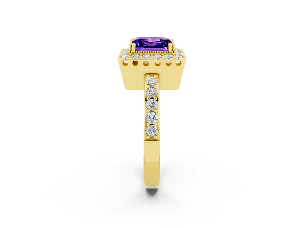 Yellow gold Princess Cut Tanzanite Halo Ring with Pavé Band and Prong Setting